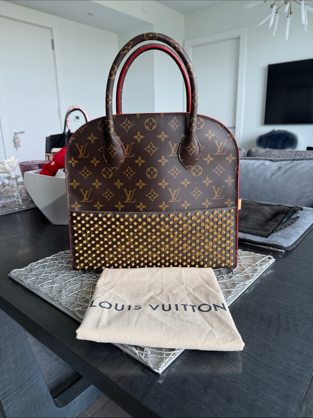 Louis Vuitton Brown Monogram Studded Alma-style Satchel with Red Trim